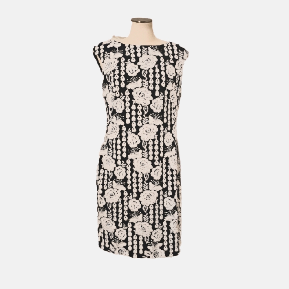 Ralph Lauren Midnight Blue Embroidered White Floral Boat Neck Lined Dress 8